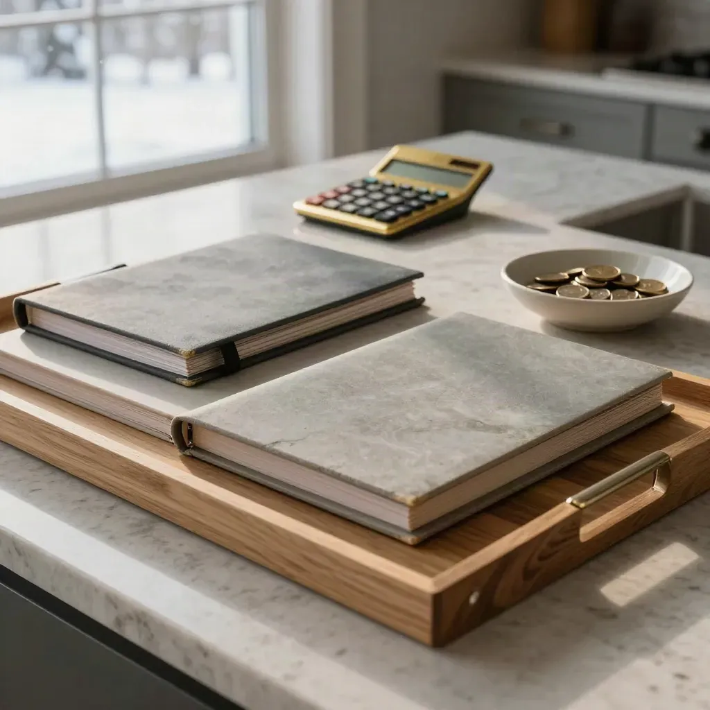 Canadian kitchen island with binder, calculator, retirement folder and coin bowl in winter morning light.
