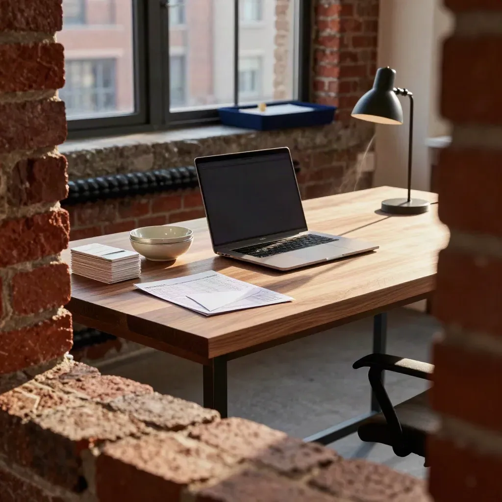 Brick-loft finance studio with payroll envelope, laptop, receipt tin, and tax bowl in noon light.