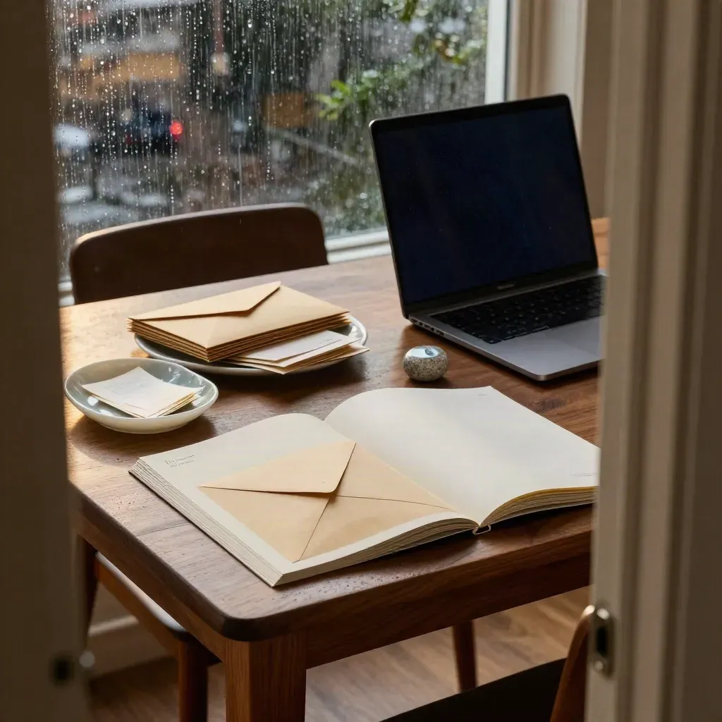 Rainy dining table with envelopes, closed laptop, ceramic tray, and paperweight by a dark window.