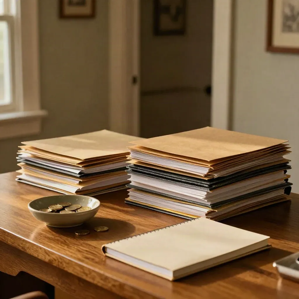 Hallway desk with file stacks, coin bowl and notebook in warm evening haze.