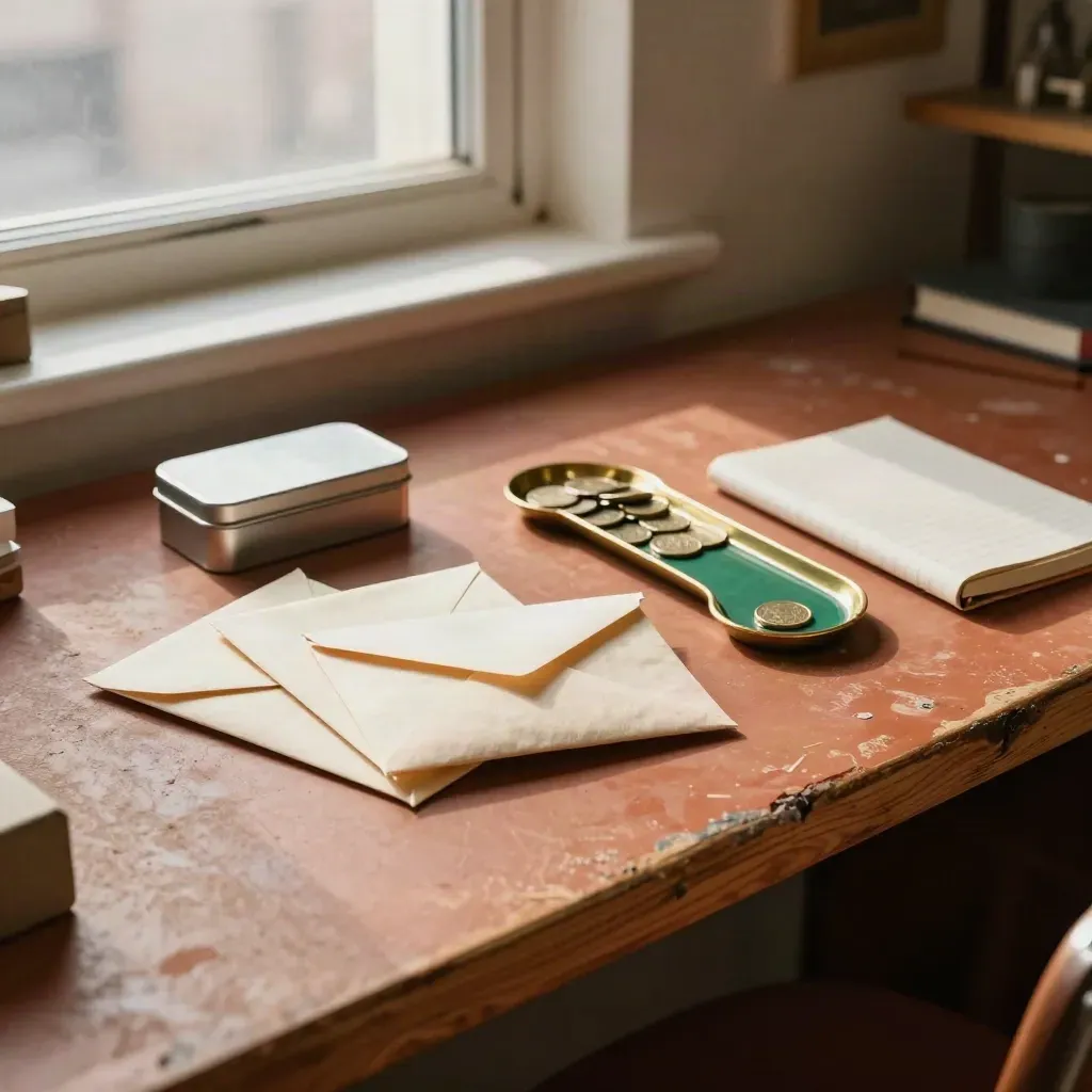 Floor-level studio workbench with cash envelopes, receipt tin, tray, and closed notebook in sunlit haze