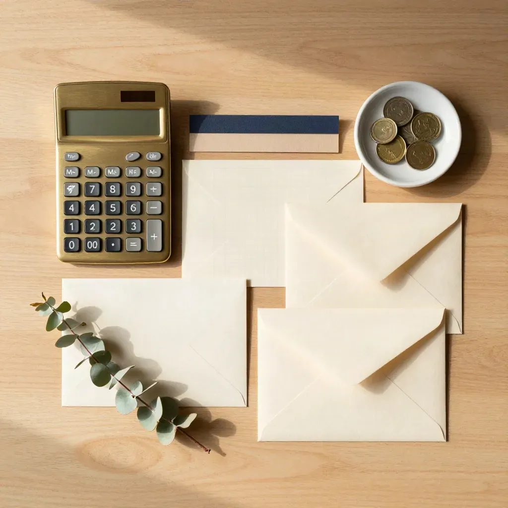 Overhead flatlay of calculator, envelopes, coin dish, and eucalyptus on pale oak.