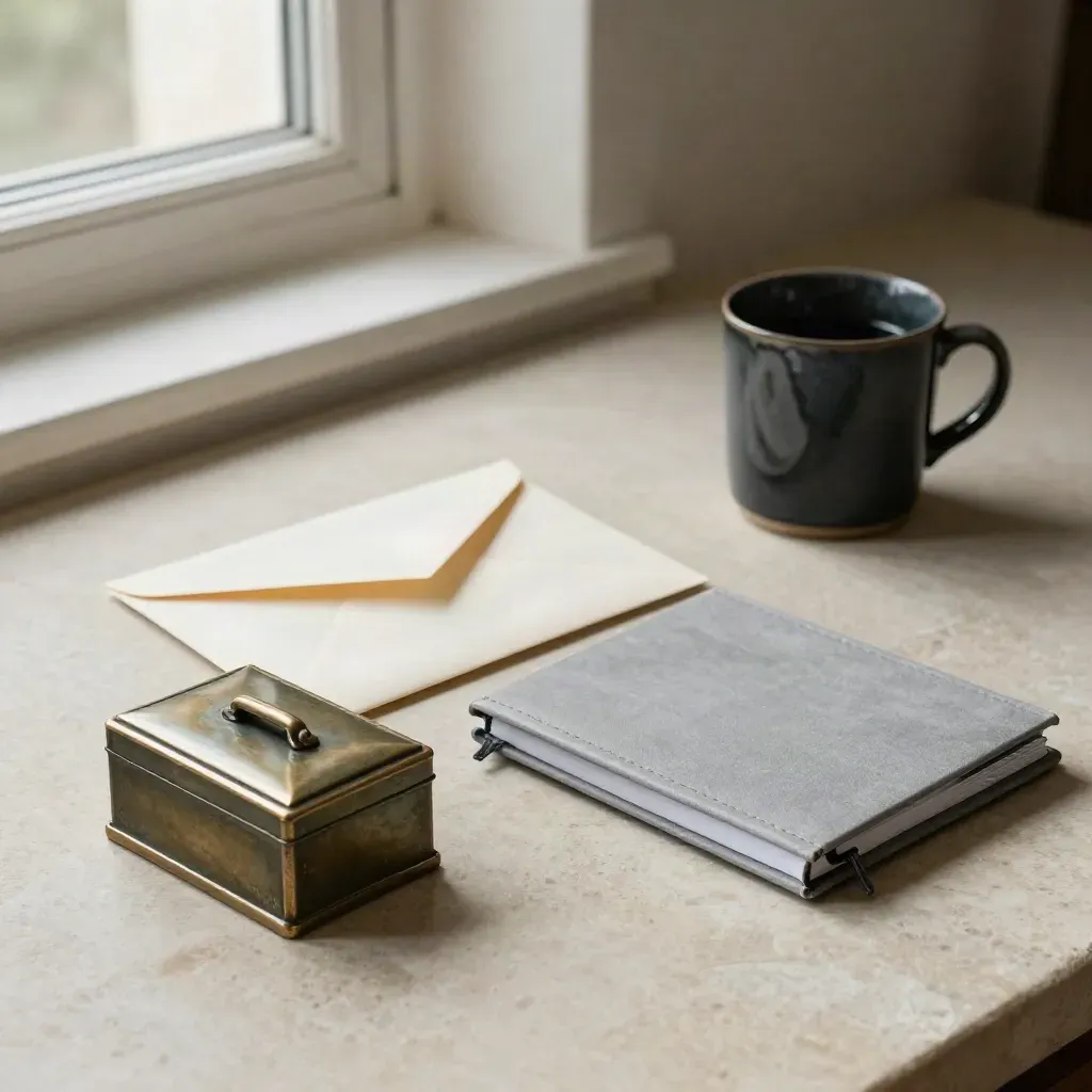 Bronze cash box with blank envelopes, notebook and dark mug on stone in soft window light